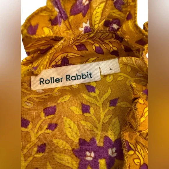 Roller Rabbit Mustard Floral Tassel Tie Dress Large Cotton India - Picture 11 of 13